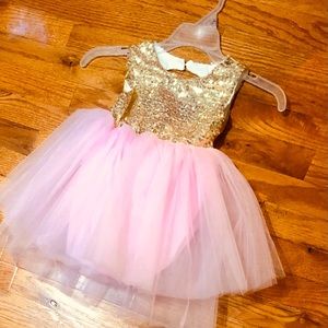 Gold Sequin and Pink Tulle Toddler Girls Pretty Party Dress